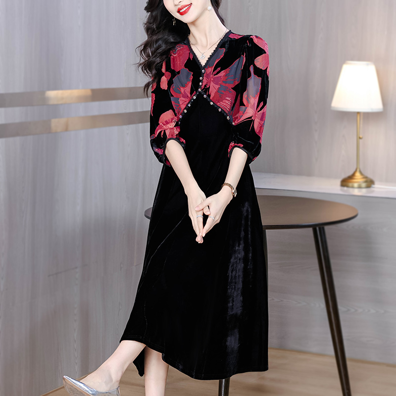 FA14195# 金丝绒连衣裙女春新款复古烧花拼接高贵气质裙高级感欧货裙子 服裝批發女裝批發服飾貨源