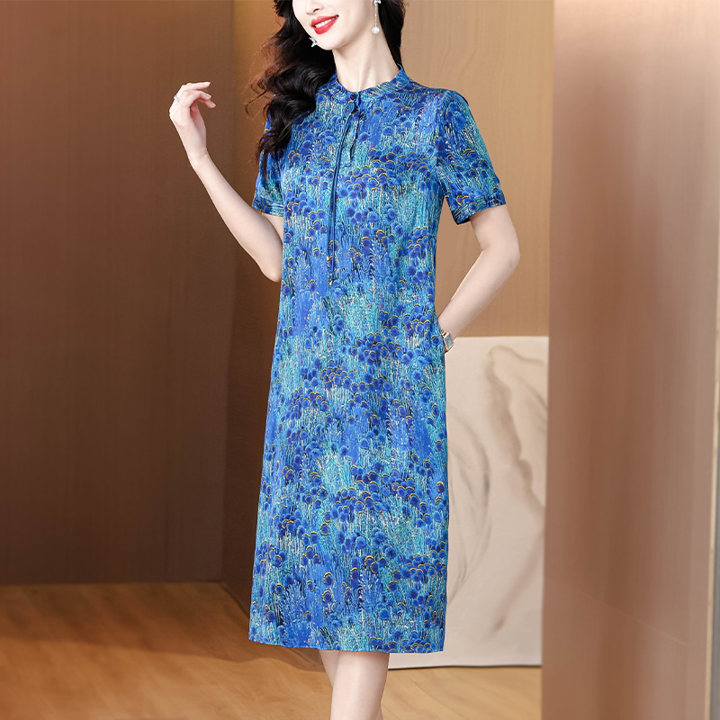 MY5281# 新款蓝色真丝连衣裙女时尚春晚同款新中式桑蚕丝妈妈礼服女裝貨源服裝批發