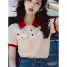 批发夏季别致独特超好看港风chic撞色polo领上衣设计感小众短袖针织衫