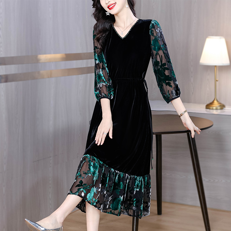 FA14196# 金丝绒连衣裙春新款高端奢华植绒烧花气质裙高贵洋气裙子 服裝批發女裝批發服飾貨源