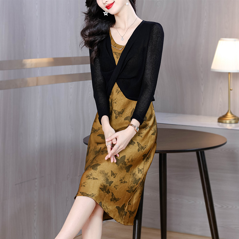 FA14197# 新款蝴蝶提花醋酸背心裙气质高档减龄黑色罩衫套装连衣裙 服裝批發女裝批發服飾貨源