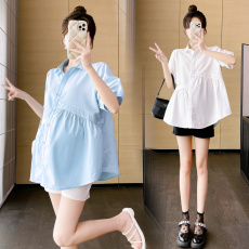 批发实拍2025新款孕妇韩版泡泡格拼接宽松娃娃衫上衣+托腹短裤