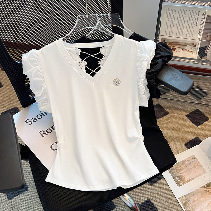 FA14190# 韩版短袖t恤女装夏装新款后背镂空蕾丝拼接泡泡袖甜美上衣 服裝批發女裝批發服飾貨源