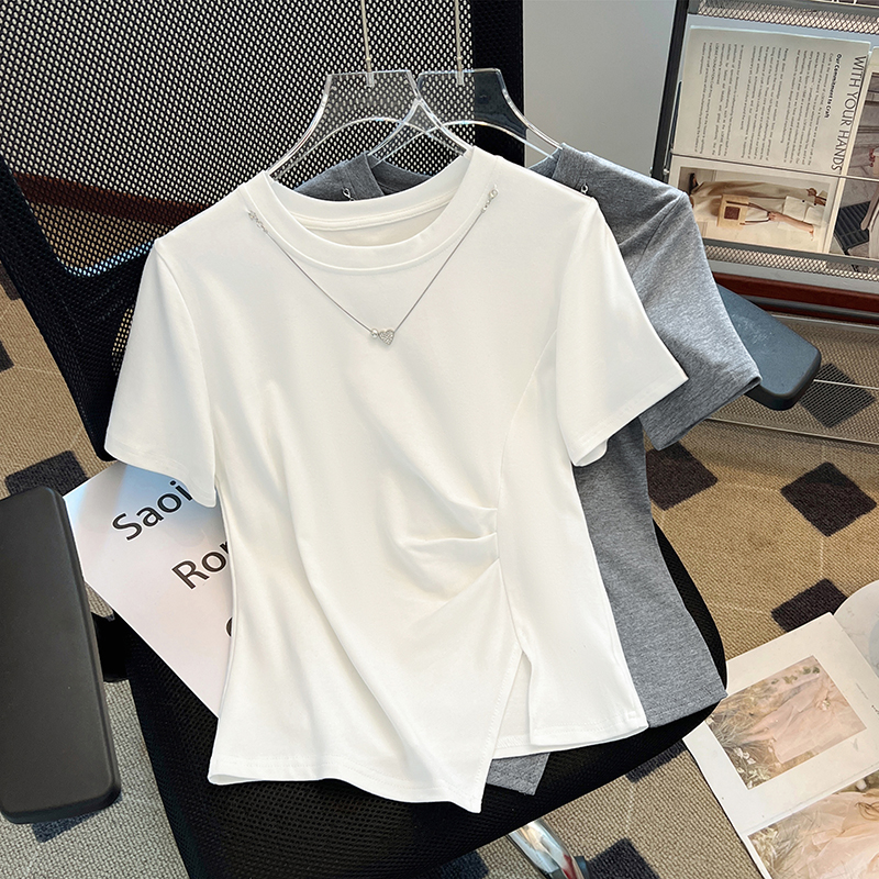 FA14191# 夏季不规则短袖正肩t恤女设计感收腰褶皱带链条洋气上衣 服裝批發女裝批發服飾貨源