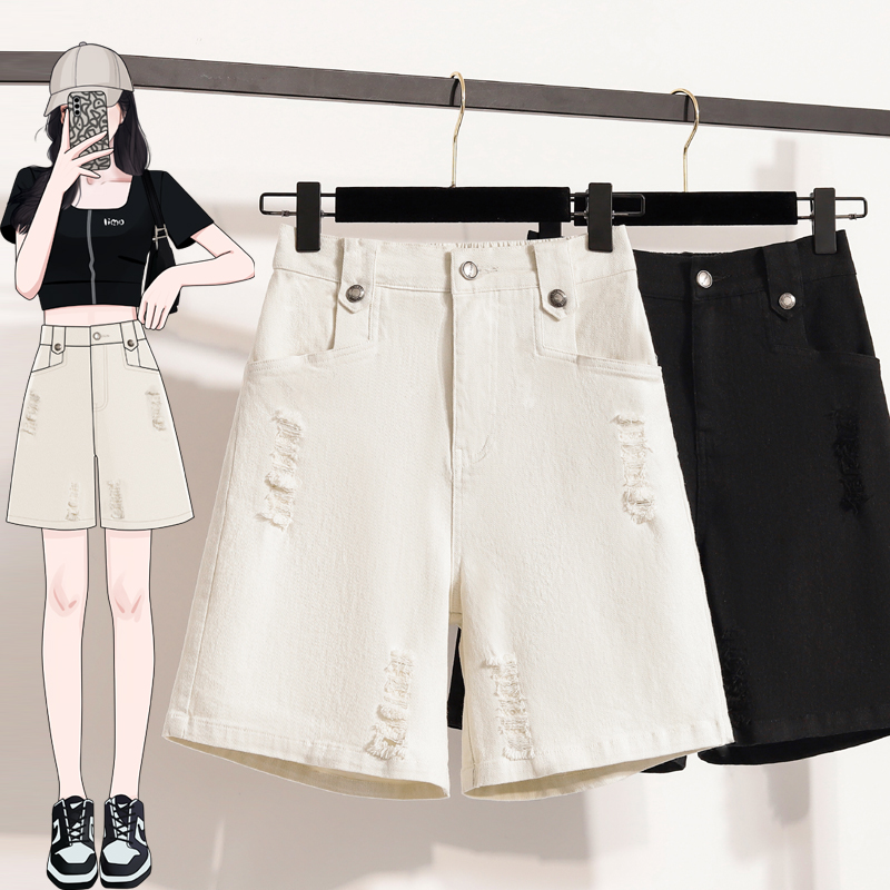 RY2092# 实拍夏新款大码宽松破洞五分牛仔裤胖MM休闲显瘦弹力阔腿中裤...