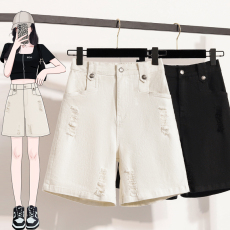 批发实拍夏新款大码宽松破洞五分<b class='q'>牛仔裤</b>胖MM休闲显瘦弹力阔腿中裤短裤