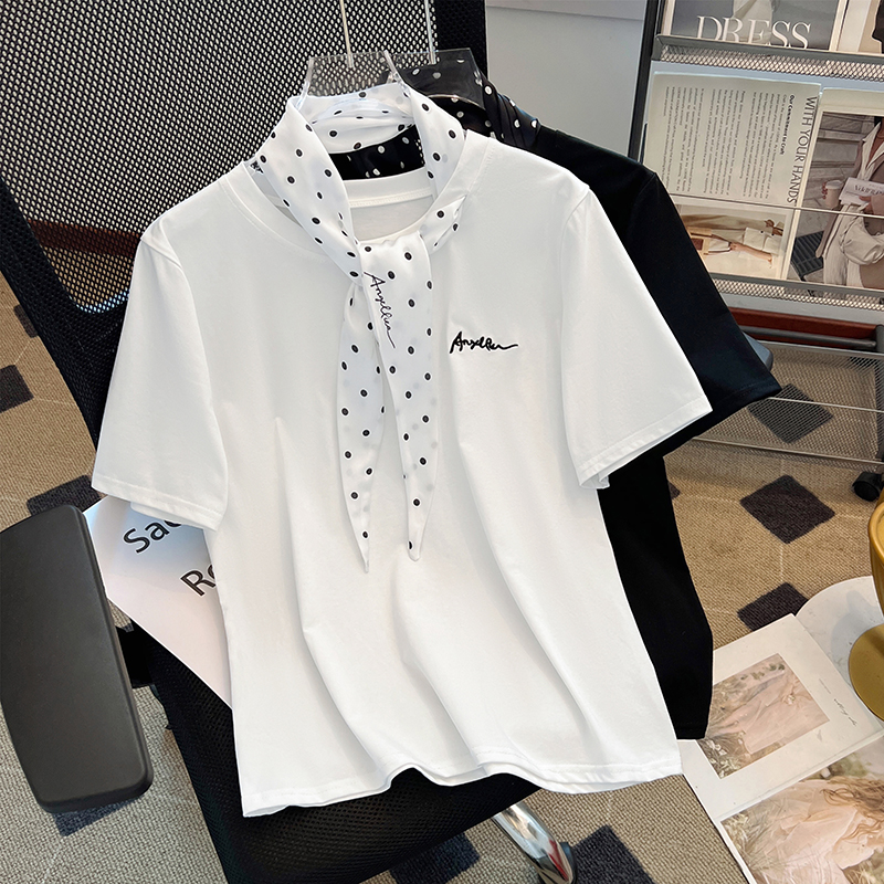 FA14192# 高级感欧货配丝巾字母刺绣短袖T恤女夏新款显瘦打底衫上衣 服裝批發女裝批發服飾貨源