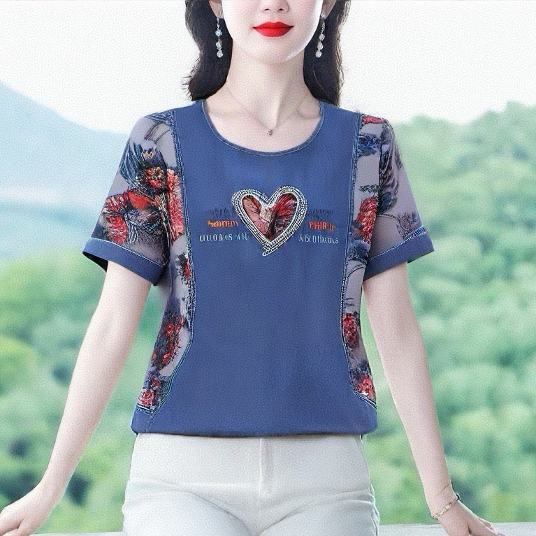 FA14198# 大码夏季新款时尚韩版牛仔拼接雪纺衫气质遮肉显瘦短袖女 服裝批發女裝批發服飾貨源