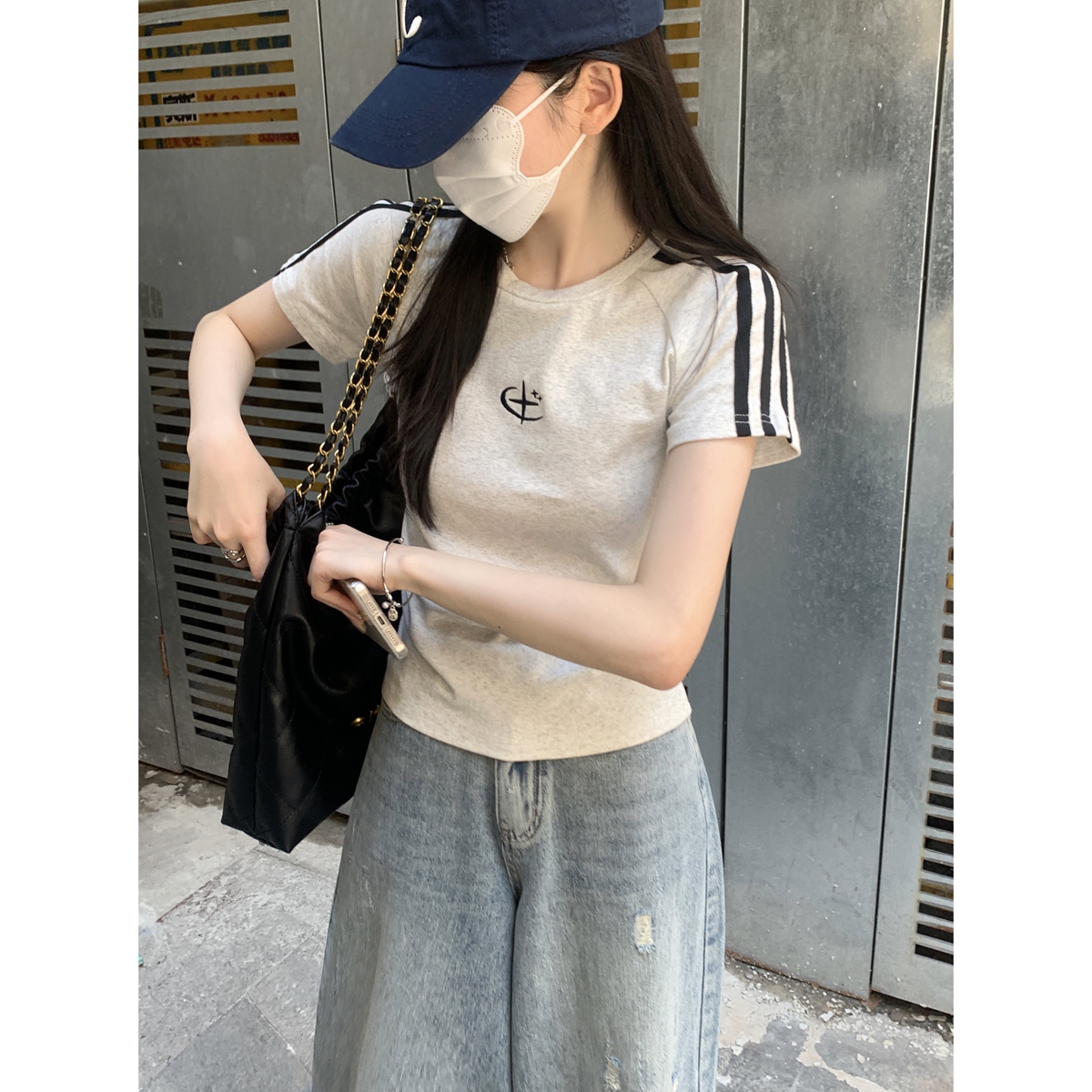 MY10594# 夏季韩版圆领插肩杠条刺绣设计感百搭纯棉短袖T恤上衣女女裝貨源服裝批發