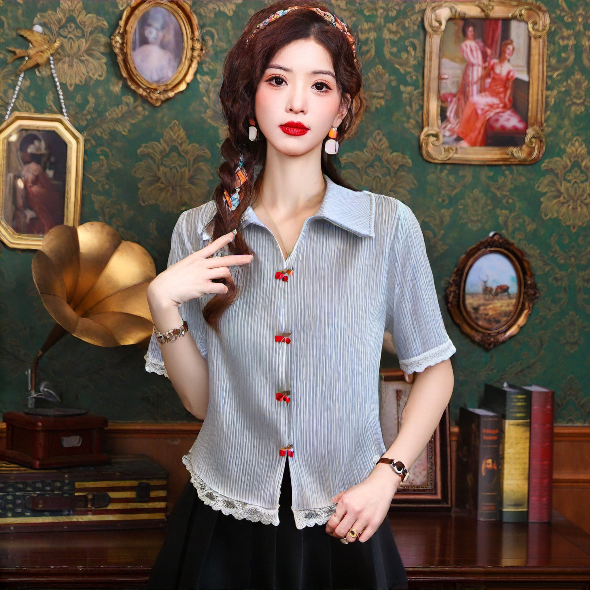 FA14201# 夏季新款小清新POLO领甜美蕾丝拼接立领樱桃设计感T恤女 服裝批發女裝批發服飾貨源