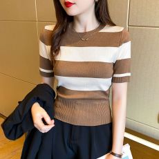 批发条纹短袖t恤女修身显瘦冰丝针织衫夏新款外穿内搭短款上衣女