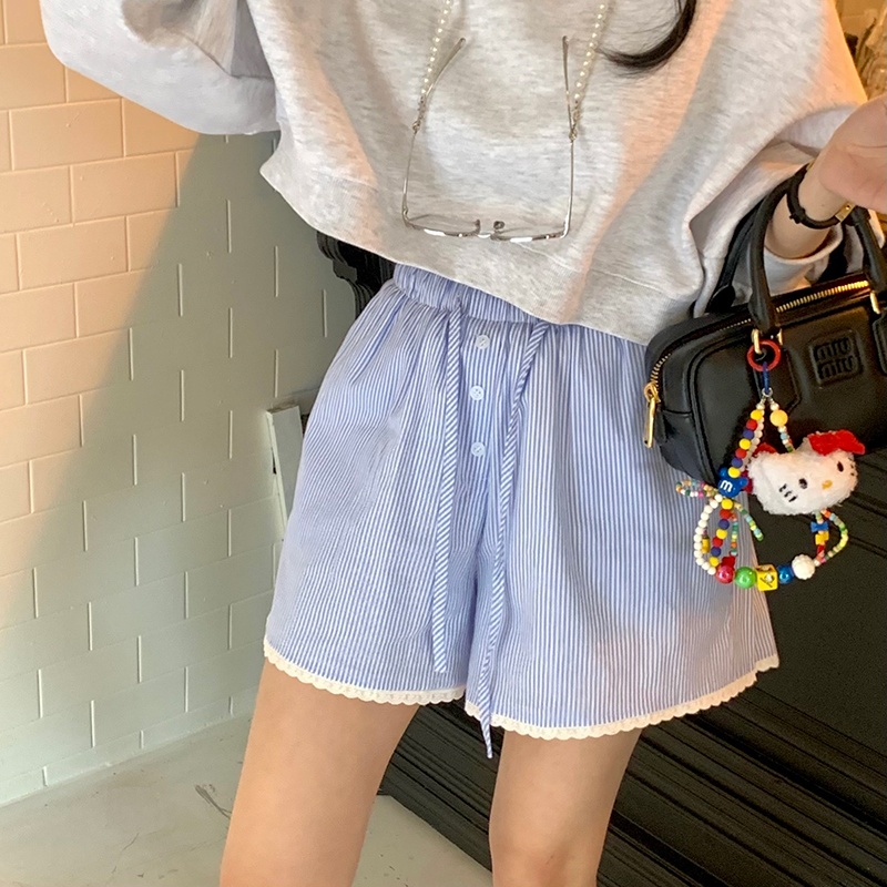 한국 chic 여름 소녀 센스 연령 감소 스트라이프 레이스 레이스 펌프 로프 레이스업 슬림해 보이는 캐주얼 반바지