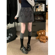 批发实拍~大码女装美式复古设计感工装<b class='q'>花苞</b><b class='q'>裙</b>高腰百搭松紧腰a字短<b class='q'>裙</b>