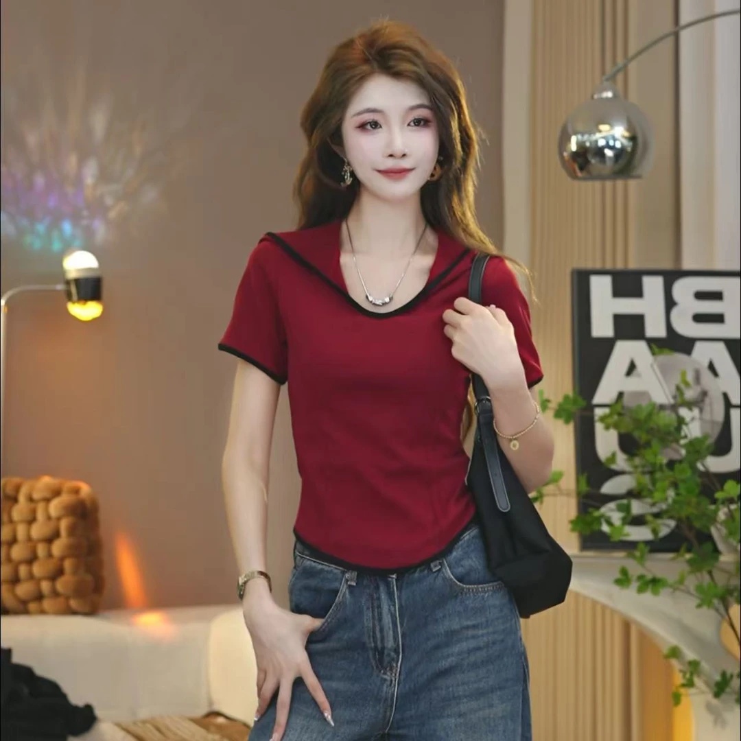경관 그림 배색 패치워크 후드 3 차원 라인 반팔 티셔츠 다용도 패션