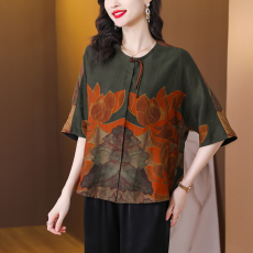 批发定位花设计感香云纱上衣女2025春新款<b class='q'>高端</b>品牌真丝大码小衫妈妈装