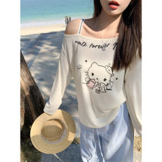 批发晨领原版面料韩系露肩薄款长袖防晒罩<b class='q'>衫</b>夏宽松慵懒<b class='q'>空调</b><b class='q'>衫</b>斜肩t恤