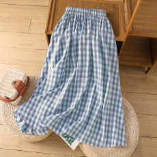 批发实拍法式超仙温柔风高级感高腰A字裙蓝色格子<b class='q'>亚麻</b>棉麻伞裙半身裙