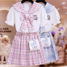 批发女童夏装套装中大童韩版休闲学院风上衣<b class='q'>儿童</b>时髦洋气百褶裙两件套