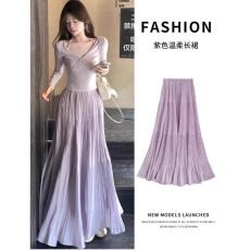 批发2025新款春夏紫色<b class='q'>雪纺</b>半身裙女a字蛋糕长裙仙女气质垂坠感百褶裙