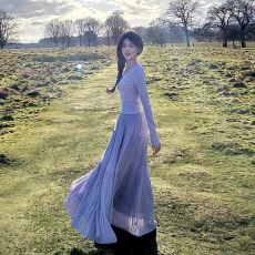 批发紫色<b class='q'>雪纺</b>半身裙女春夏薄款高腰显瘦a字压褶伞裙温柔风长款蛋糕裙