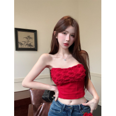 批发实拍 红色玫瑰花短款露肩抹胸背心女纯欲辣妹