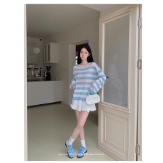 批发2025新款慵懒露背撞色条纹防晒冰丝针织衫宽松圆领长袖