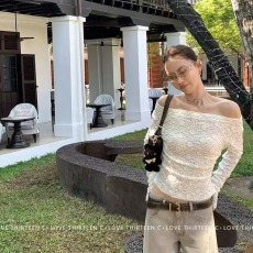 批发【13C】<b class='q'>自由</b><b class='q'>呼吸</b>感 少女蕾丝打底衫一字肩百搭显瘦两穿镂空白上衣