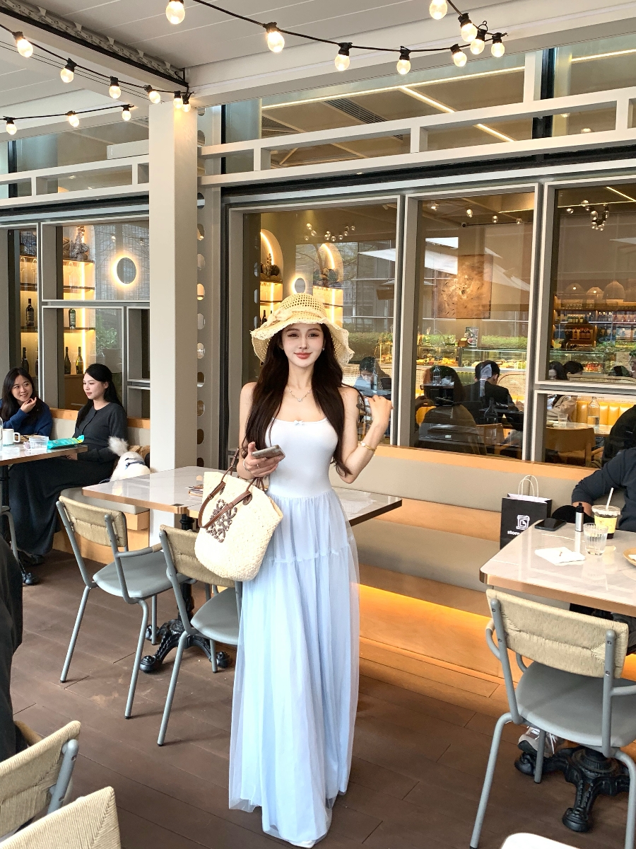 실사 정가 롱 코트 순수한 욕망 달콤함 망사 슬립 드레스 여름 휴가 치마
