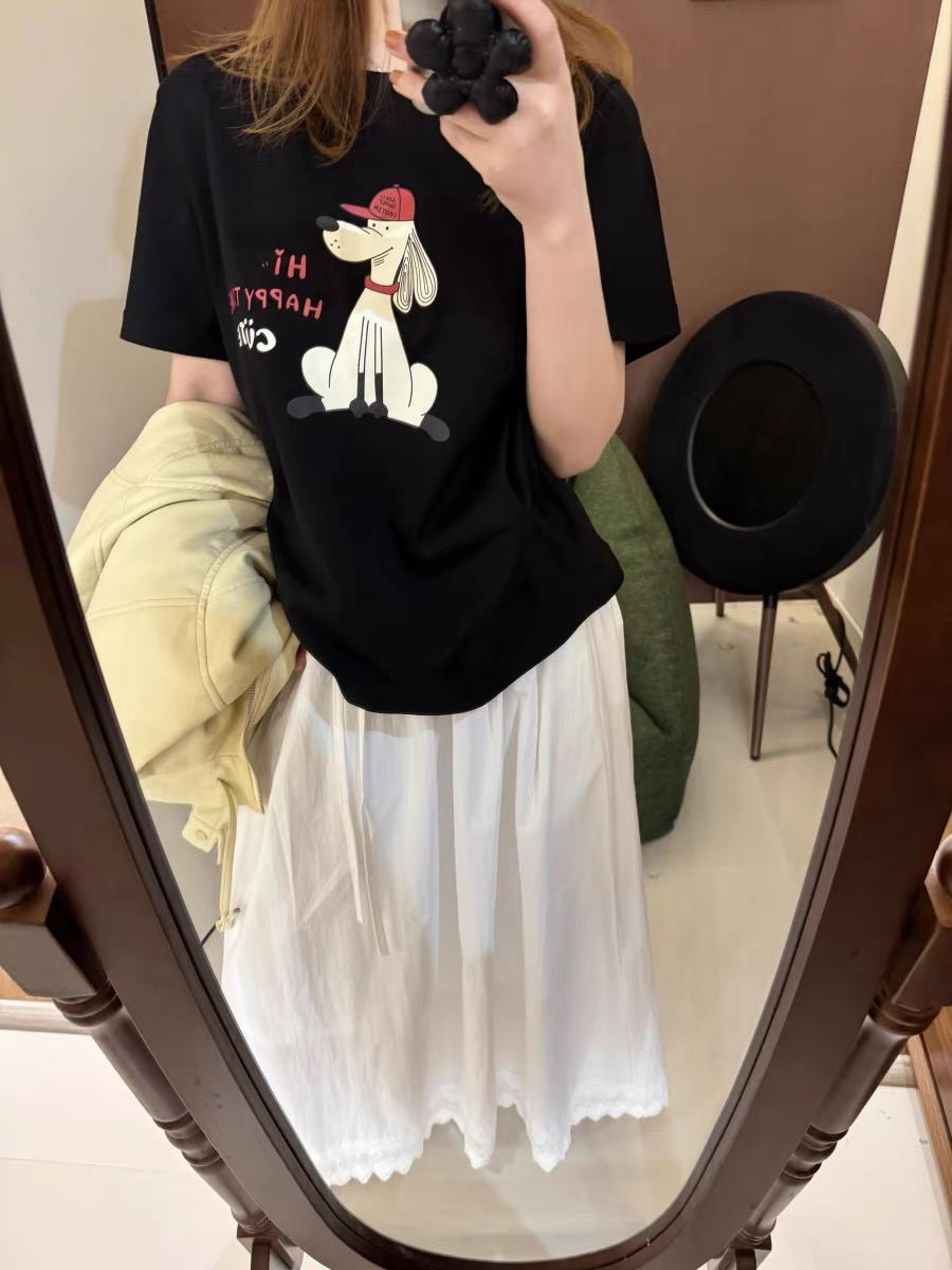 MY3266# 可爱小狗简约印花T恤女新款短袖上衣减龄宽松女裝貨源服裝批發