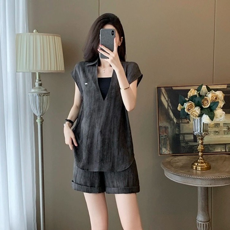 MY6147# 休闲运动套装女夏季新款设计感烟雾短袖上衣吊带短裤时尚潮女裝貨源服裝批發
