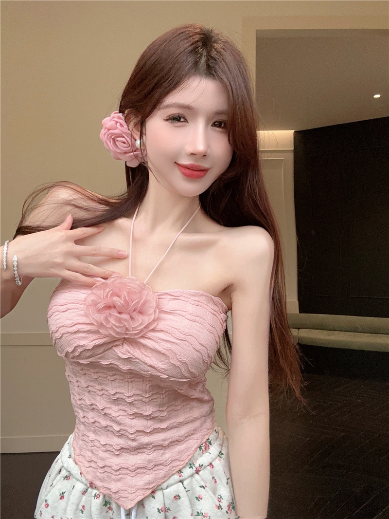MY3421# 纯欲挂脖吊带小背心女紧身内搭外穿不规则花朵甜辣上衣女裝貨源服裝批發