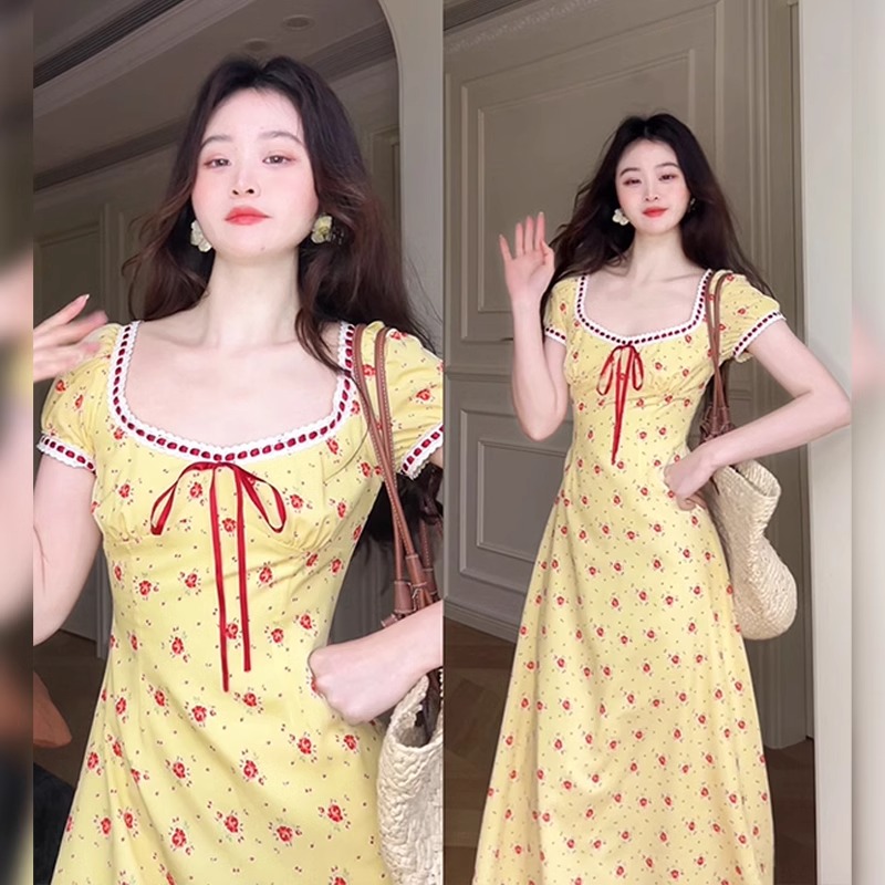 FA25745# 多巴胺夏日绝美小裙子黄色碎花连衣裙女夏季穿搭新款法式长裙 服裝批發女裝批發服飾貨源 服裝批發女裝批發服飾貨源