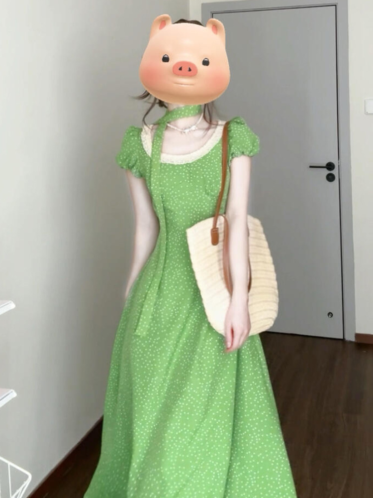 MY8417# 法式蕾丝拼接绿色波点连衣裙夏季气质穿搭小众绝美修身长裙女裝貨源服裝批發