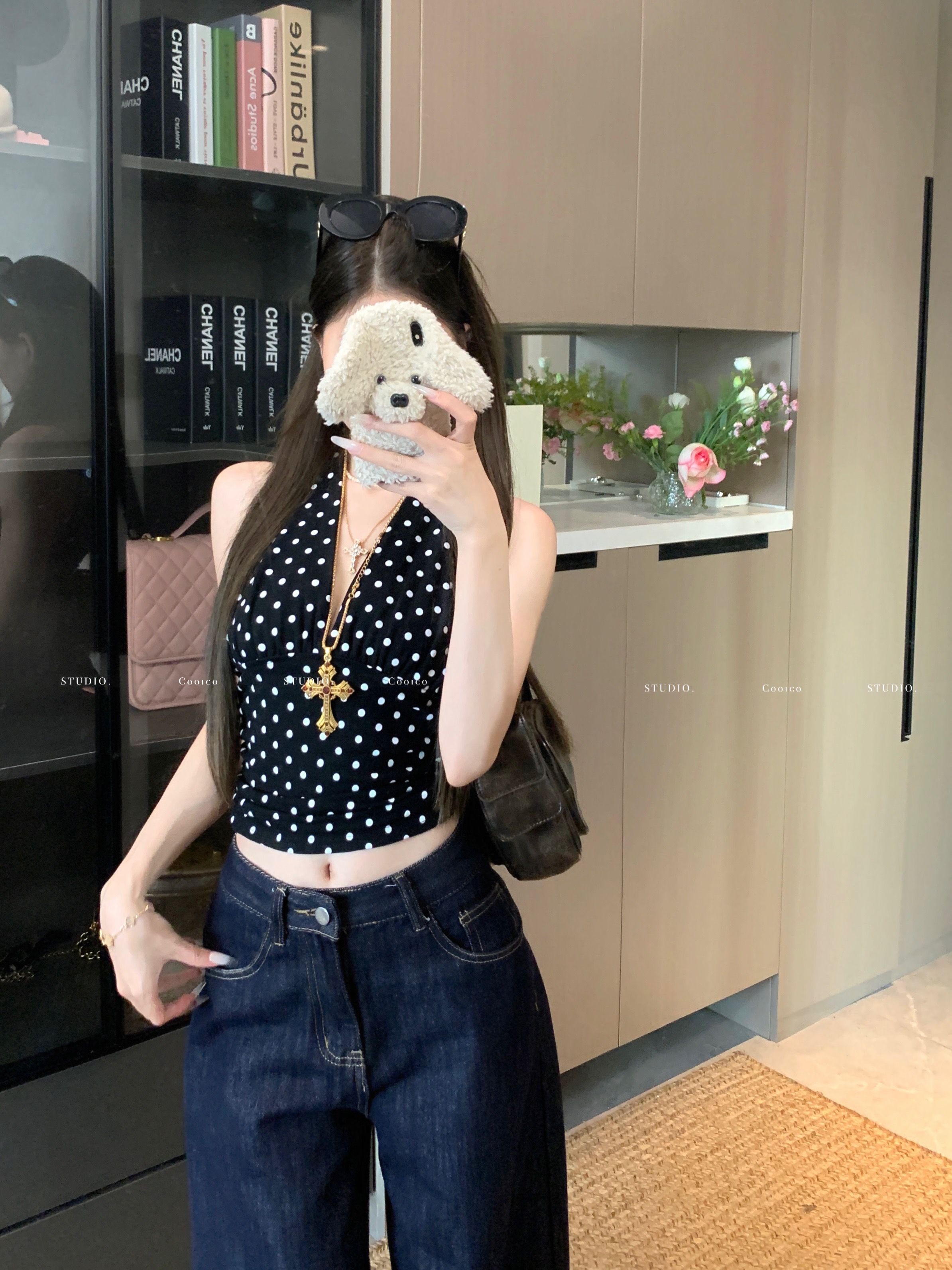 실제 촬영 스팟 디자인 센스 달콤한 뜨거운 소녀 3 차원 꽃 V 칼라 웨이브 포인트 행침 목 캐미솔 맨위