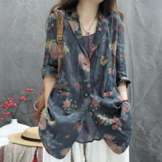 批发复古印花高端棉麻七分袖<b class='q'>西服</b>女夏季薄款洋气<b class='q'>休闲</b>防晒西装上衣