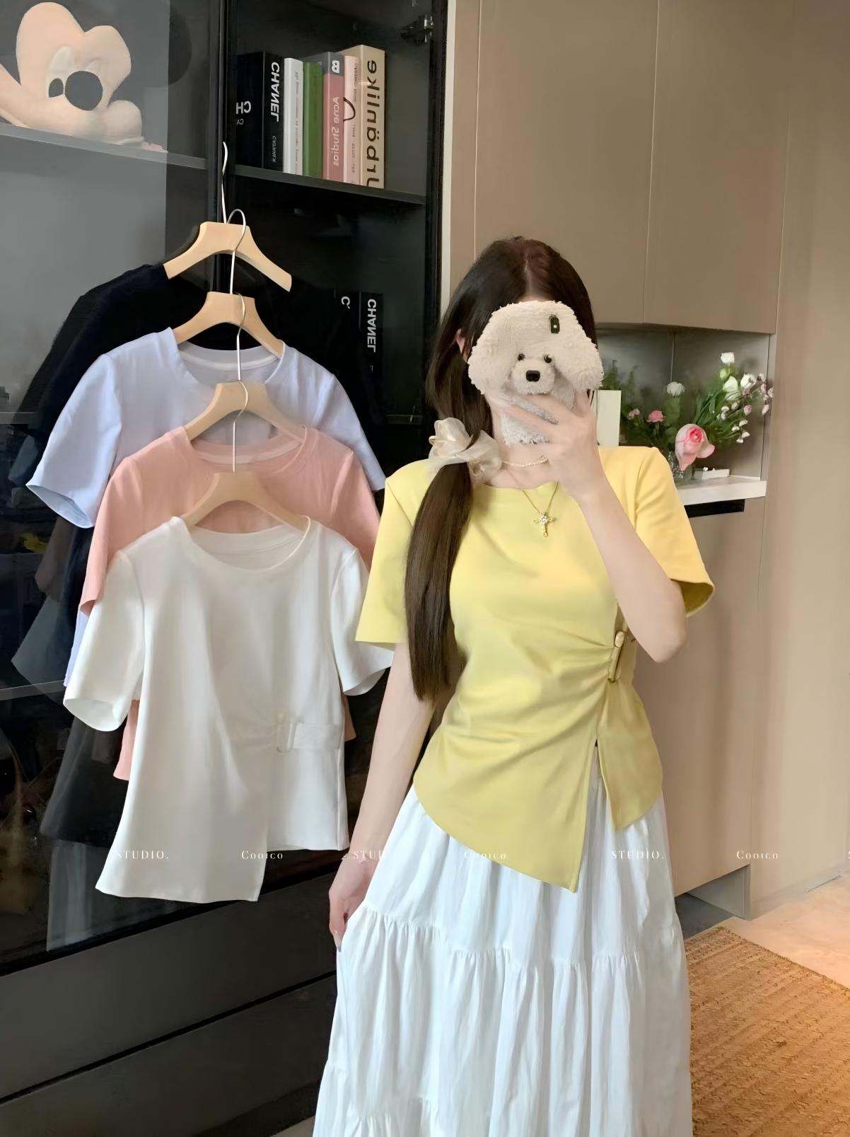 MY7549# 夏装胖妹妹大码时尚百搭国风不对称收腰短袖上衣T恤潮女裝貨源服裝批發