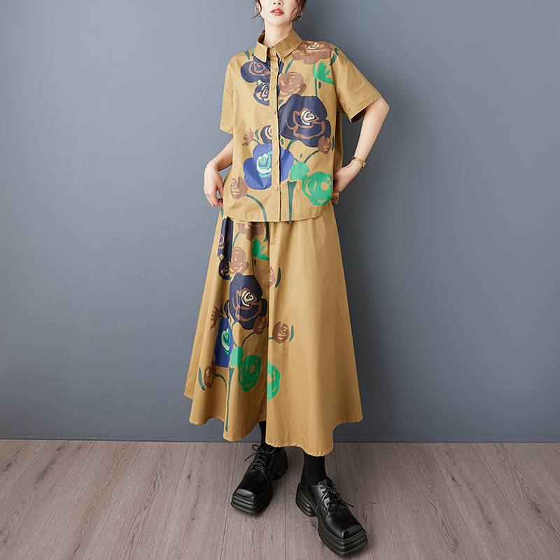 LN76232# 新款复古花朵印花设计感衬衫高级感时尚韩版休闲橡筋半身裙