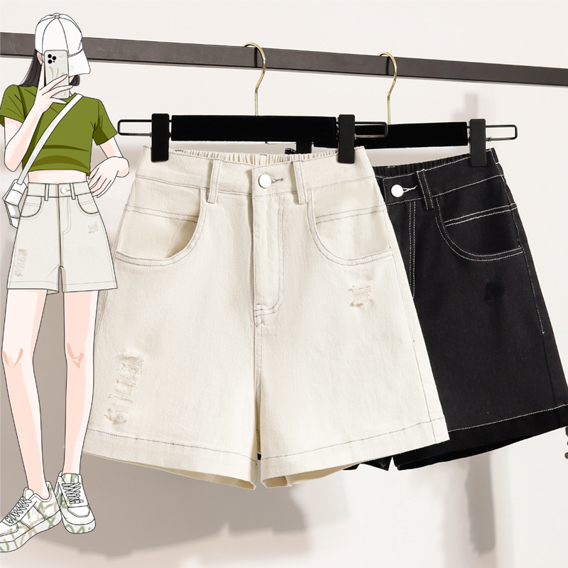 RY1965# 实拍夏款大码欧版时尚破洞牛仔短裤胖MM显瘦松紧腰加大加肥四...