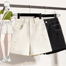 批发实拍夏款大码欧版时尚破洞牛仔短裤胖MM显瘦松紧腰加大加肥四分裤