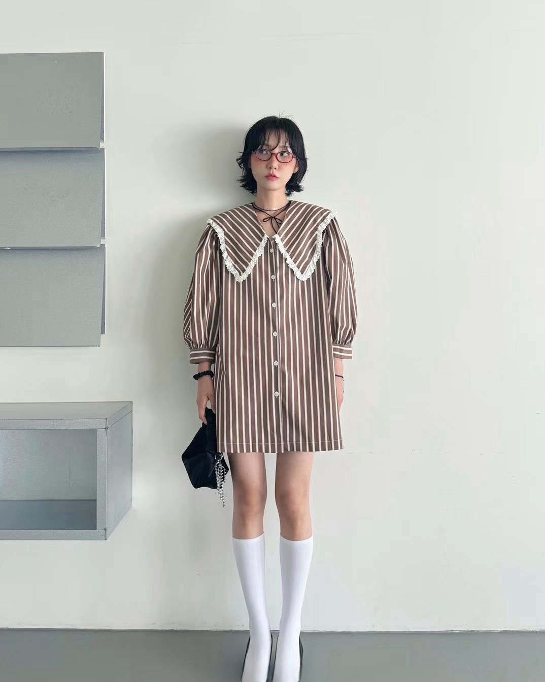 있음 선적 chic 다용도 작은 대중 스트라이프 폴로 칼라 연령 감소 셔츠 드레스