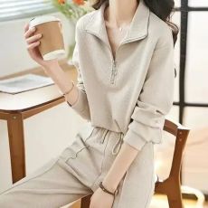 批发休闲肌理<b class='q'>运动服</b>两件套春秋款简约翻领卫衣松紧腰长裤女套装