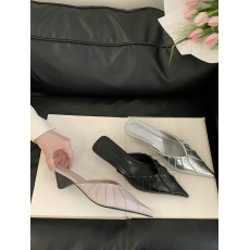 仙女风尖头浅口皱褶浅紫色外穿拖鞋女2026夏季包头穆勒高跟凉拖