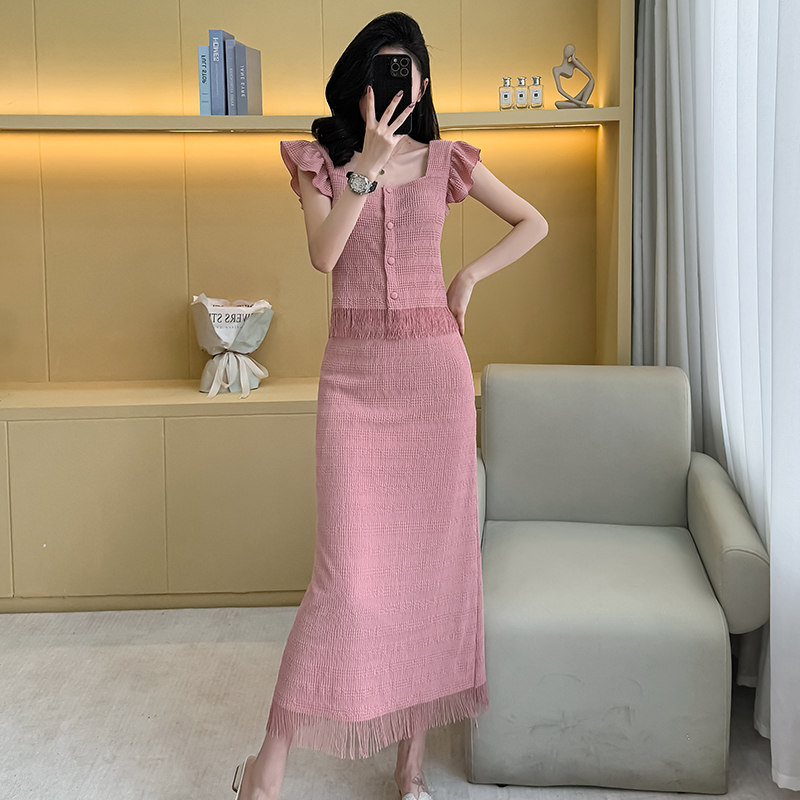 실사 2026 새로운 작은 샤넬 스타일 패션 자수 세트 드레스 명문 여성 빛 럭셔리 레이스 술 반신 스커트 투피스 세트