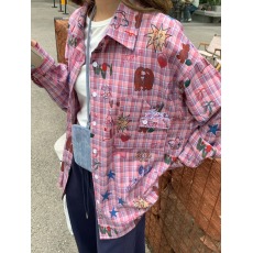 批发【走线工整适合品质店铺】格子<b class='q'>衬衫</b><b class='q'>刺绣</b><b class='q'>衬衣</b>涂鸦蓝色红色格纹外套