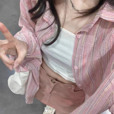批发早春装外搭开衫慵懒宽松上衣防晒<b class='q'>衬衣</b>粉色条纹<b class='q'>衬衫</b><b class='q'>外套</b>女