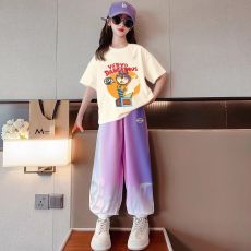 批发现货【纯棉宽松落肩T恤冰丝<b class='q'>运动</b>长裤】夏季套装短袖长裤中大童