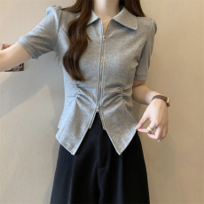 批发纯涤新氨棉  时尚超火新款夏装短袖T恤女拉链polo领设计感上衣