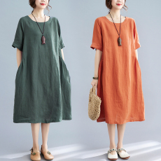 批发实拍2026夏季纯色韩版宽松<b class='q'>大码</b>女装洋气圆领棉麻打底显瘦连衣裙