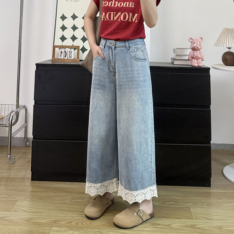 FA14496# 蕾丝拼接阔腿九分牛仔裤女欧洲站早春新款欧货女装直筒裤子潮 服装批发女装服饰货源