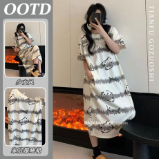 带胸垫可爱睡裙夏季女款2024新款纯棉短袖宽松长款睡衣夏天